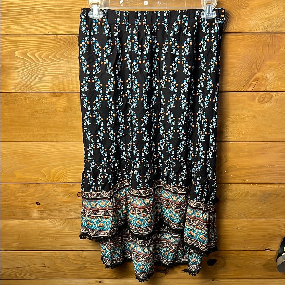 SHEIN Women Black Blue Tiered Maxi Skirt Lg Casual Boho Cottagecore Asymmetrical